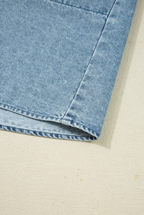 Exclusive Solid Denim Smocked Cuff Flared Shirt Mini Dress