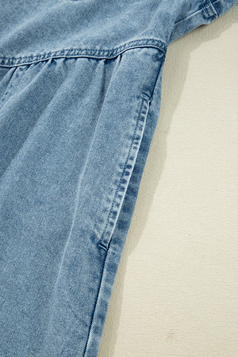 Exclusive Solid Denim Smocked Cuff Flared Shirt Mini Dress