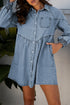 Exclusive Solid Denim Smocked Cuff Flared Shirt Mini Dress