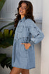 Exclusive Solid Denim Smocked Cuff Flared Shirt Mini Dress