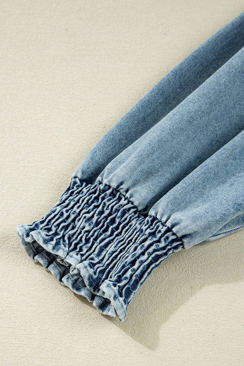 Exclusive Solid Denim Smocked Cuff Flared Shirt Mini Dress