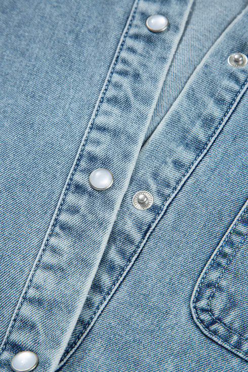 Exclusive Solid Denim Smocked Cuff Flared Shirt Mini Dress