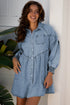 Exclusive Solid Denim Smocked Cuff Flared Shirt Mini Dress
