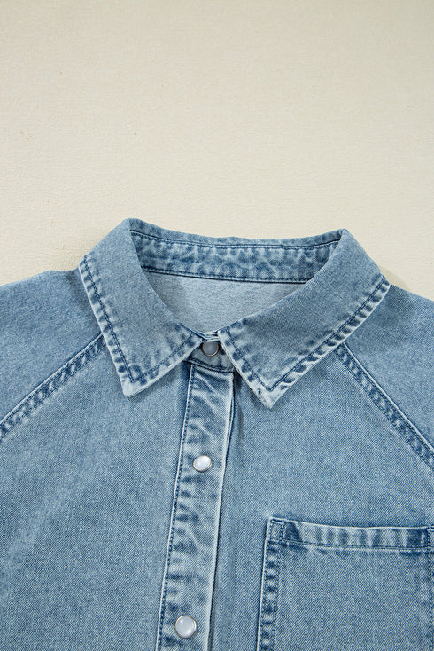 Exclusive Solid Denim Smocked Cuff Flared Shirt Mini Dress