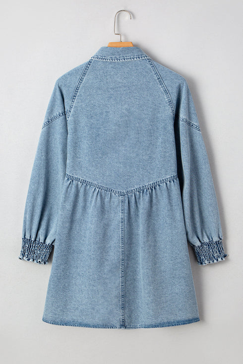 Exclusive Solid Denim Smocked Cuff Flared Shirt Mini Dress