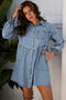 Exclusive Solid Denim Smocked Cuff Flared Shirt Mini Dress