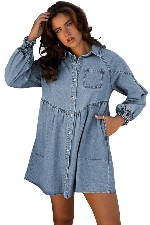 Exclusive Solid Denim Smocked Cuff Flared Shirt Mini Dress