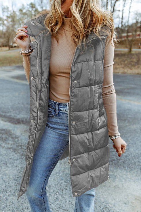 Exclusive Solid Long Quilted Hooded Puffer Vest