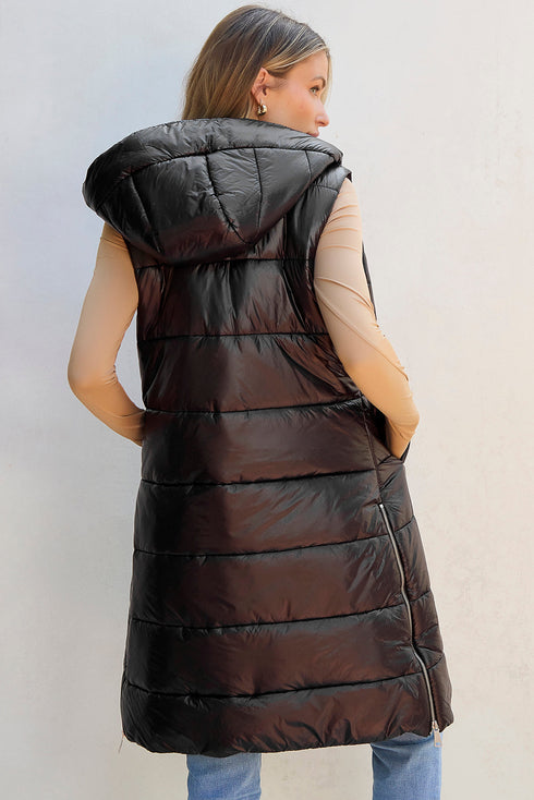 Exclusive Solid Long Quilted Hooded Puffer Vest