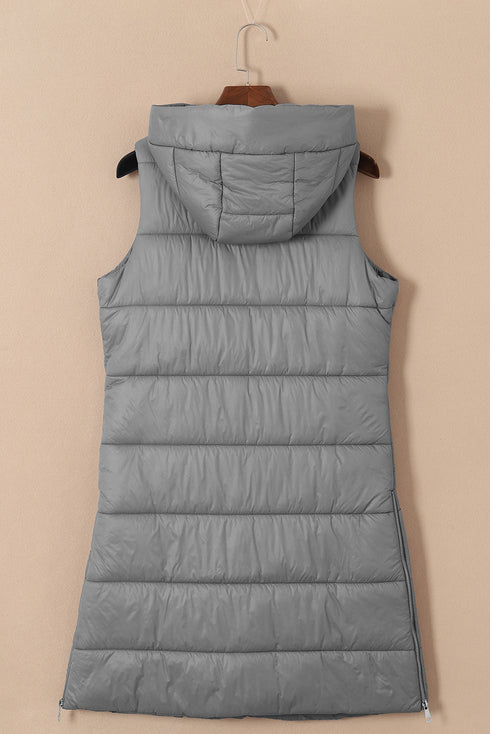 Exclusive Solid Long Quilted Hooded Puffer Vest