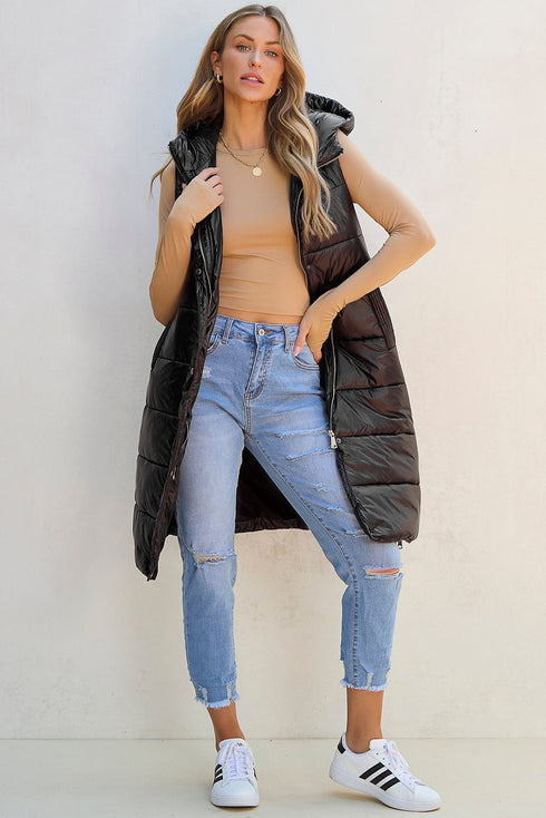 Exclusive Solid Long Quilted Hooded Puffer Vest