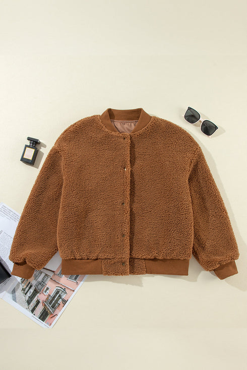 Exclusive Solid Sherpa Fleece Ribbed Collar Bomber Jacket