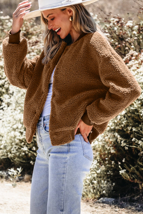 Exclusive Solid Sherpa Fleece Ribbed Collar Bomber Jacket