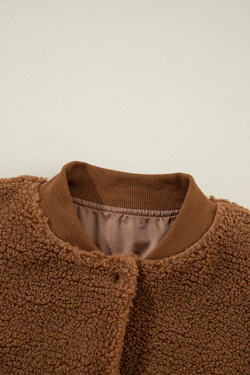 Exclusive Solid Sherpa Fleece Ribbed Collar Bomber Jacket