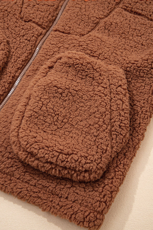 Exclusive Solid Sherpa Fleece Zip Up Hooded Jacket