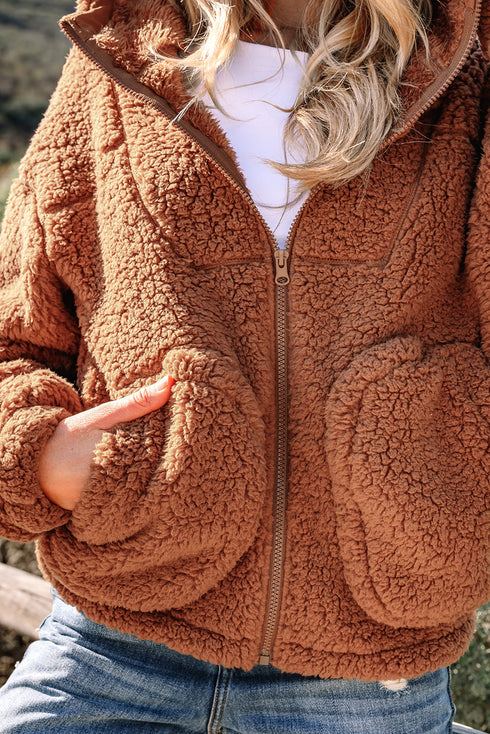 Exclusive Solid Sherpa Fleece Zip Up Hooded Jacket