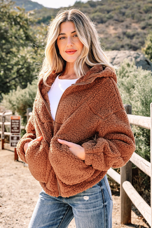 Exclusive Solid Sherpa Fleece Zip Up Hooded Jacket