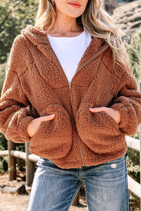 Exclusive Solid Sherpa Fleece Zip Up Hooded Jacket