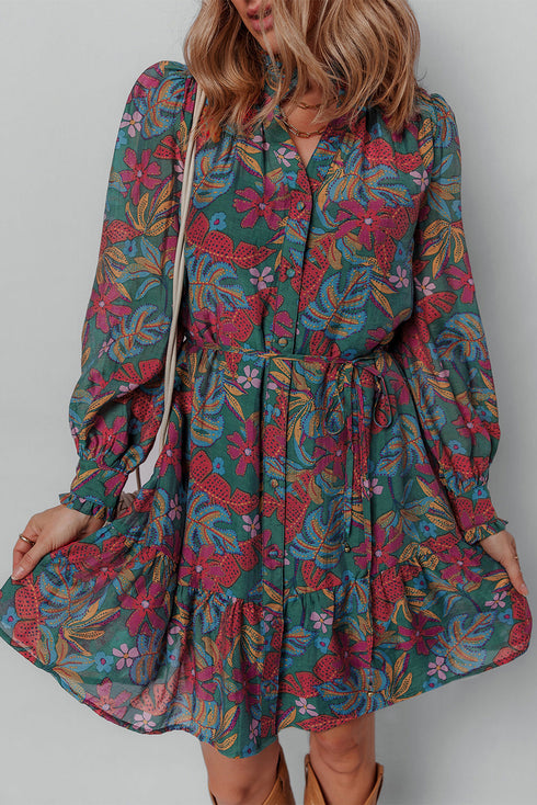 Exclusive Southern Belle Ruffled Puff Sleeve Floral Dress