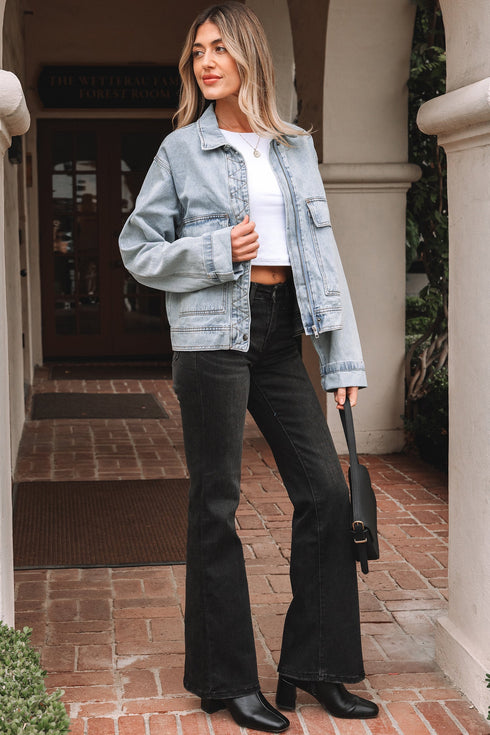 Exclusive Street Style Zip Up Washed Denim Jacket