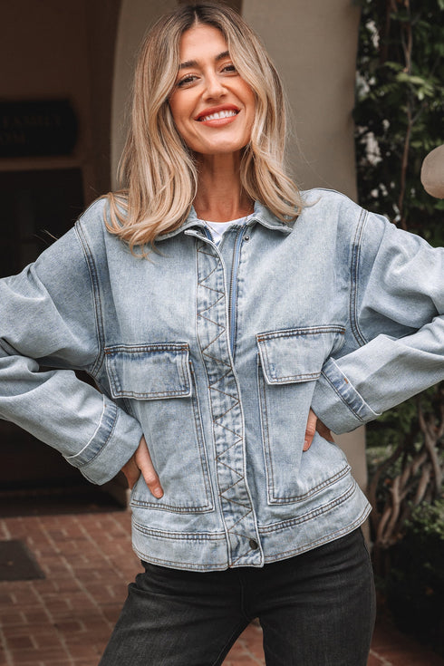 Exclusive Street Style Zip Up Washed Denim Jacket