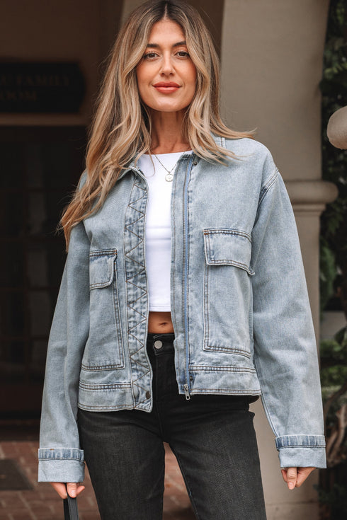 Exclusive Street Style Zip Up Washed Denim Jacket