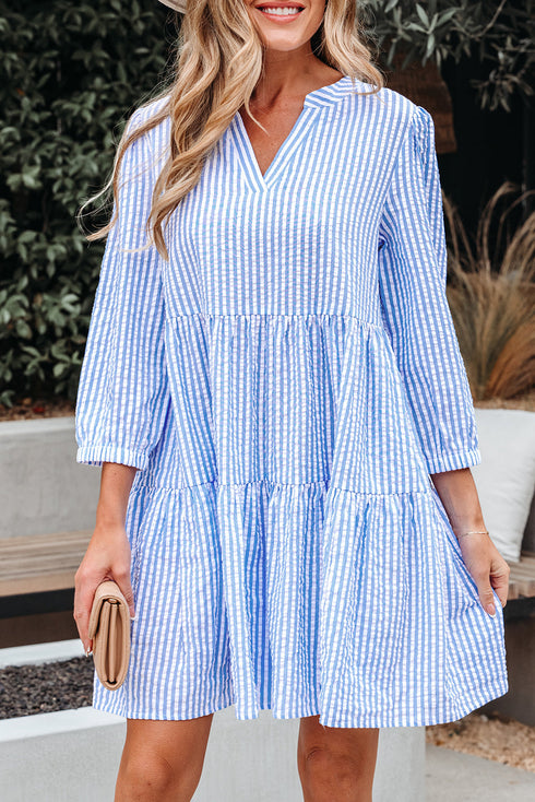 Exclusive Striped Bracelet Sleeve Tiered Shift Mini Dress