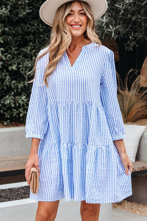 Exclusive Striped Bracelet Sleeve Tiered Shift Mini Dress