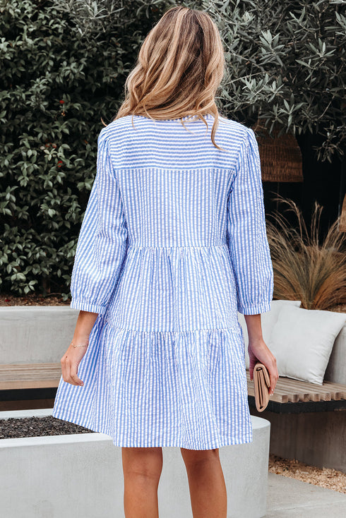 Exclusive Striped Bracelet Sleeve Tiered Shift Mini Dress
