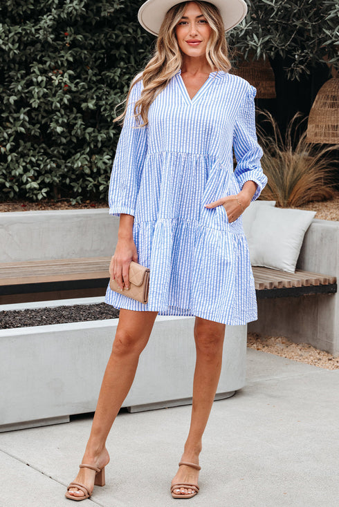 Exclusive Striped Bracelet Sleeve Tiered Shift Mini Dress
