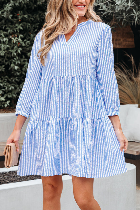 Exclusive Striped Bracelet Sleeve Tiered Shift Mini Dress