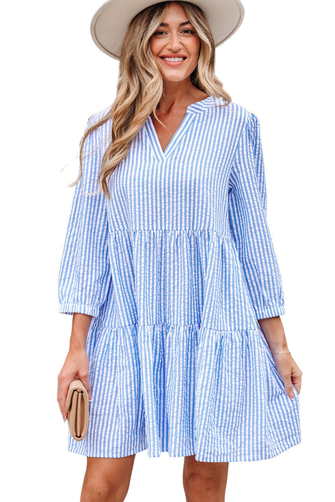 Exclusive Striped Bracelet Sleeve Tiered Shift Mini Dress
