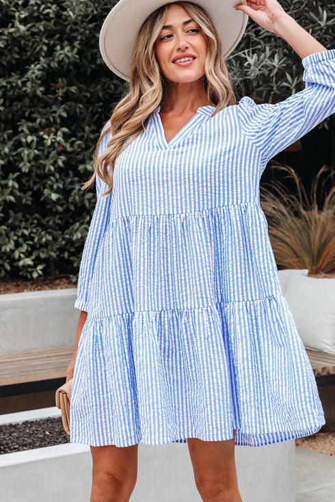 Exclusive Striped Bracelet Sleeve Tiered Shift Mini Dress
