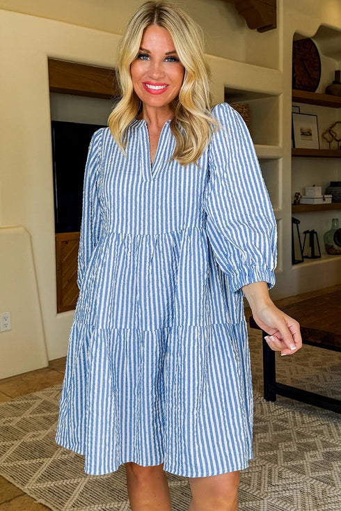 Exclusive Striped Bracelet Sleeve Tiered Shift Mini Dress