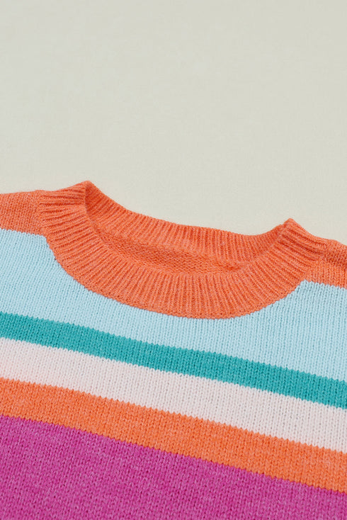 Exclusive Striped Drop Shoulder Puff Sleeve Knit Sweater