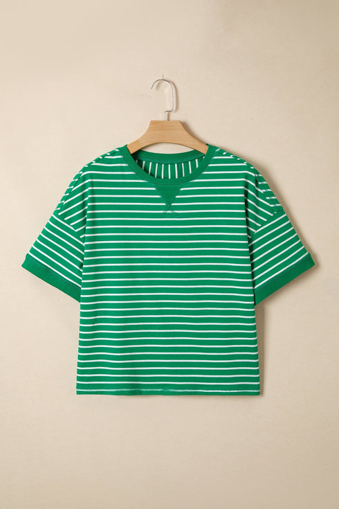 Exclusive Striped Ribbed Patchwork Seam Detail Half Sleeve Tee