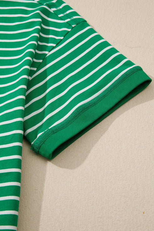 Exclusive Striped Ribbed Patchwork Seam Detail Half Sleeve Tee