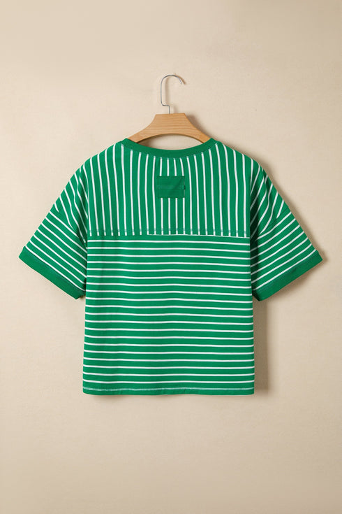 Exclusive Striped Ribbed Patchwork Seam Detail Half Sleeve Tee