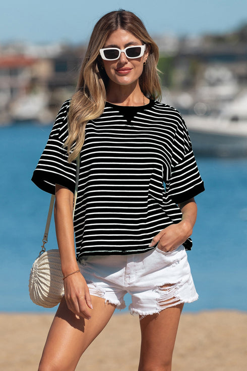 Exclusive Striped Ribbed Patchwork Seam Detail Half Sleeve Tee