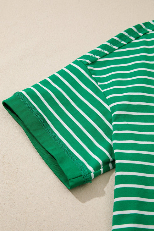 Exclusive Striped Ribbed Patchwork Seam Detail Half Sleeve Tee