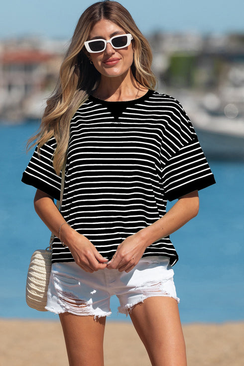 Exclusive Striped Ribbed Patchwork Seam Detail Half Sleeve Tee