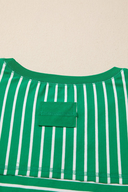 Exclusive Striped Ribbed Patchwork Seam Detail Half Sleeve Tee