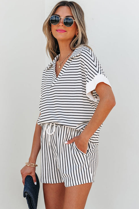 Exclusive Striped V Neck Tee And Casual Short Sets
