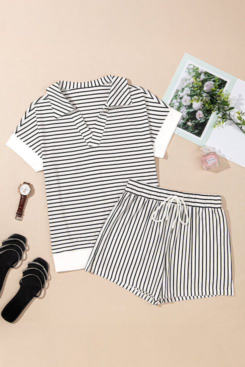Exclusive Striped V Neck Tee And Casual Short Sets