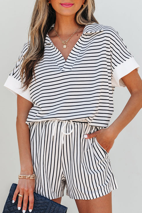 Exclusive Striped V Neck Tee And Casual Short Sets