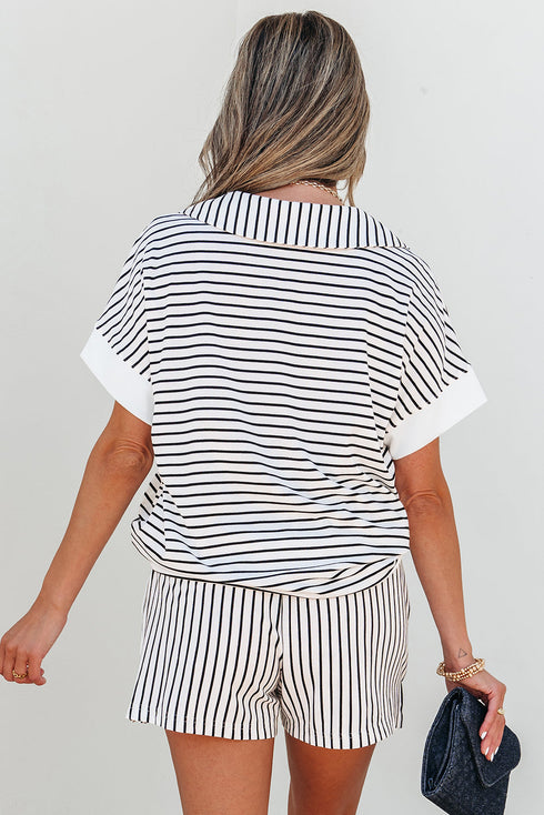 Exclusive Striped V Neck Tee And Casual Short Sets