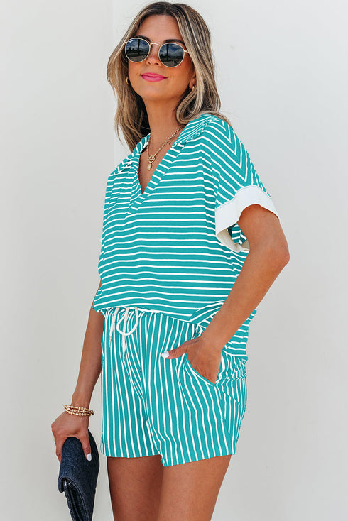 Exclusive Striped V Neck Tee And Casual Short Sets