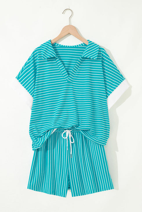 Exclusive Striped V Neck Tee And Casual Short Sets