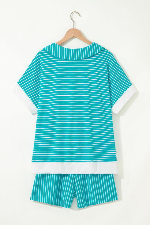 Exclusive Striped V Neck Tee And Casual Short Sets