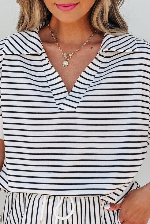 Exclusive Striped V Neck Tee And Casual Short Sets